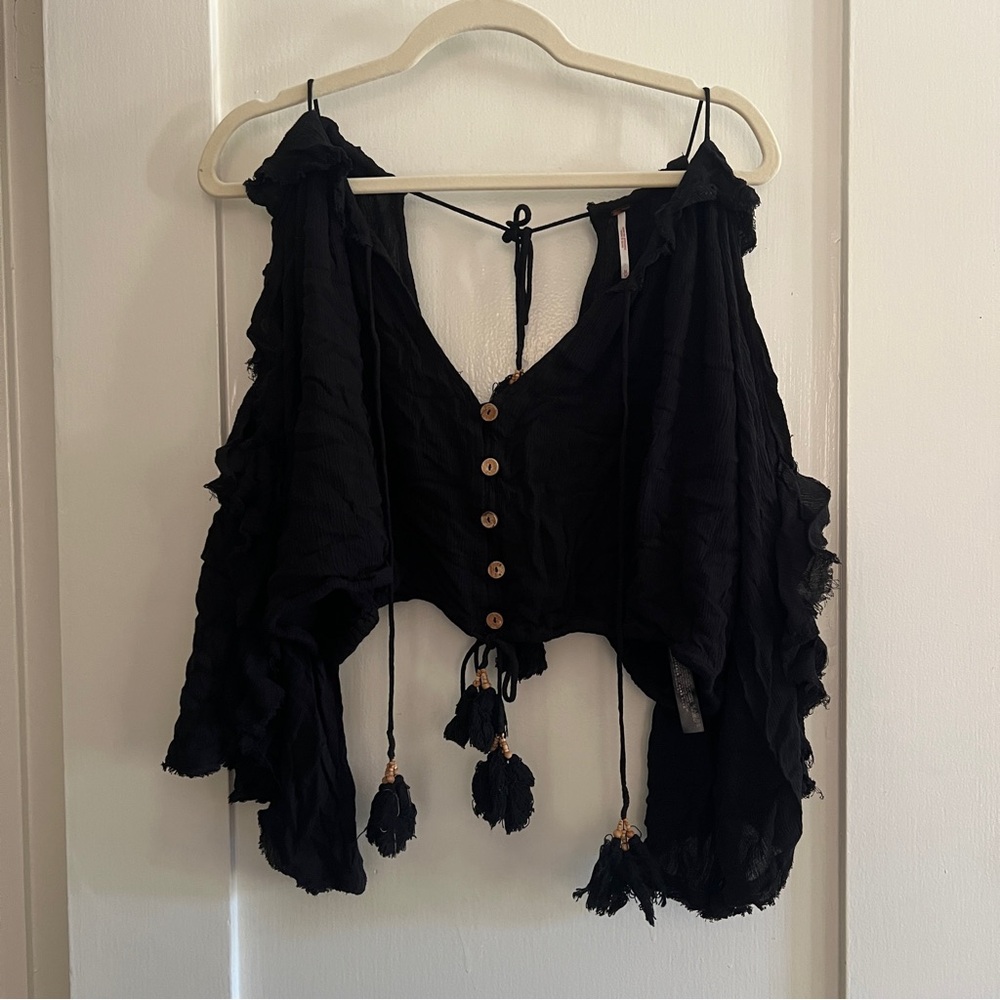 Free People Black Crop Top with Tassels